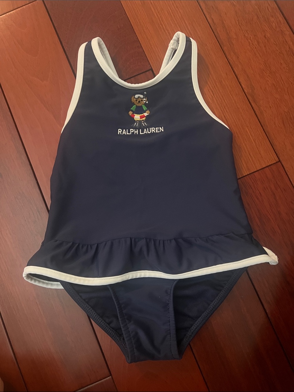 Ralph Lauren Navy One-Piece Swim Suit with White Trim and Polo Bear